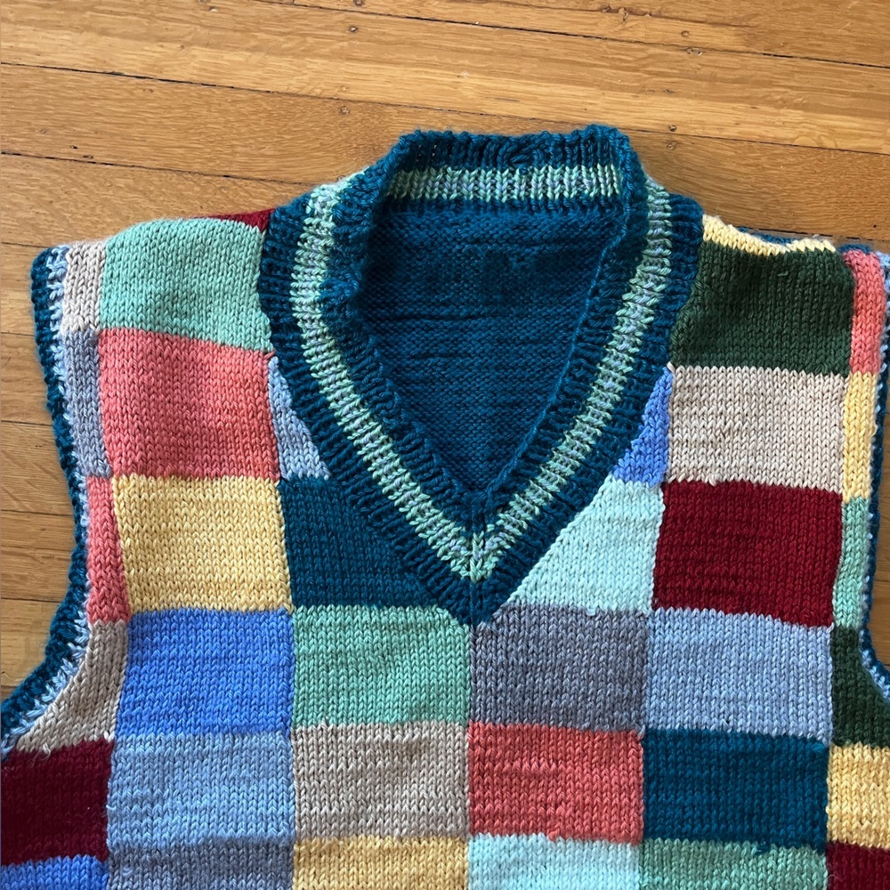 Handknit handmade colorful patchwork sweater vest eclectic grandpa plaid L XL M - Picture 9 of 11
